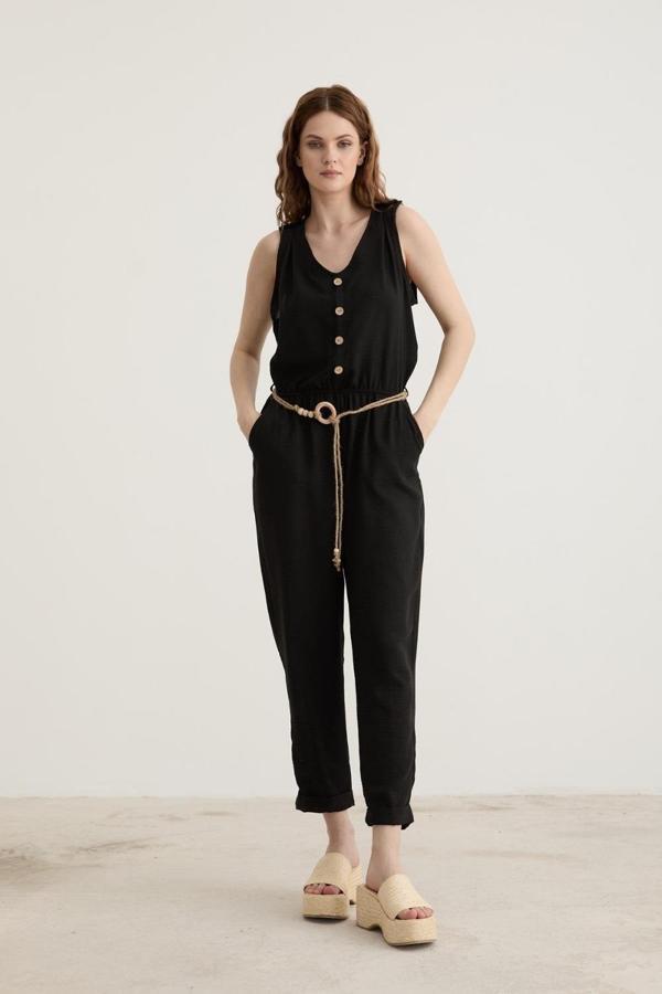 Vos Versa Kadın Kemer Detaylı Uzun Keten Siyah Tulum VVK2772 - Image 1