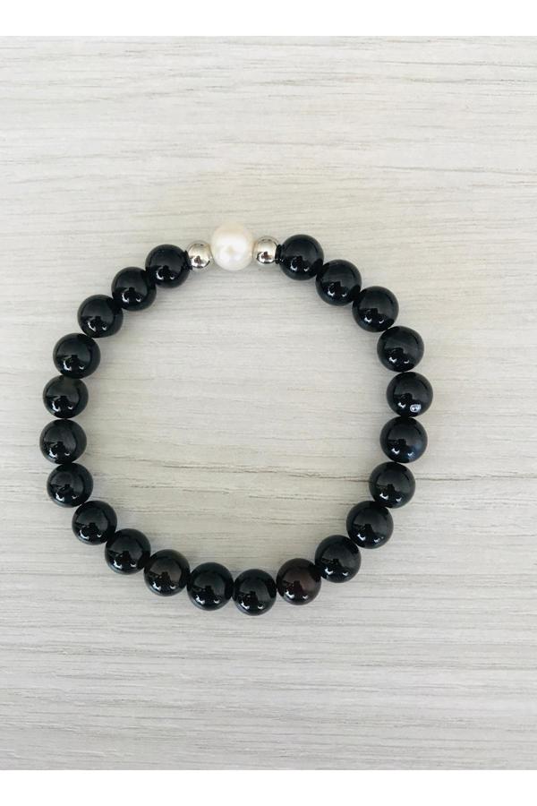 MK TASARIM GERÇEK SİYAH AKİK GERÇEK İNCİ BİLEKLİK MKT53001 - Image 1