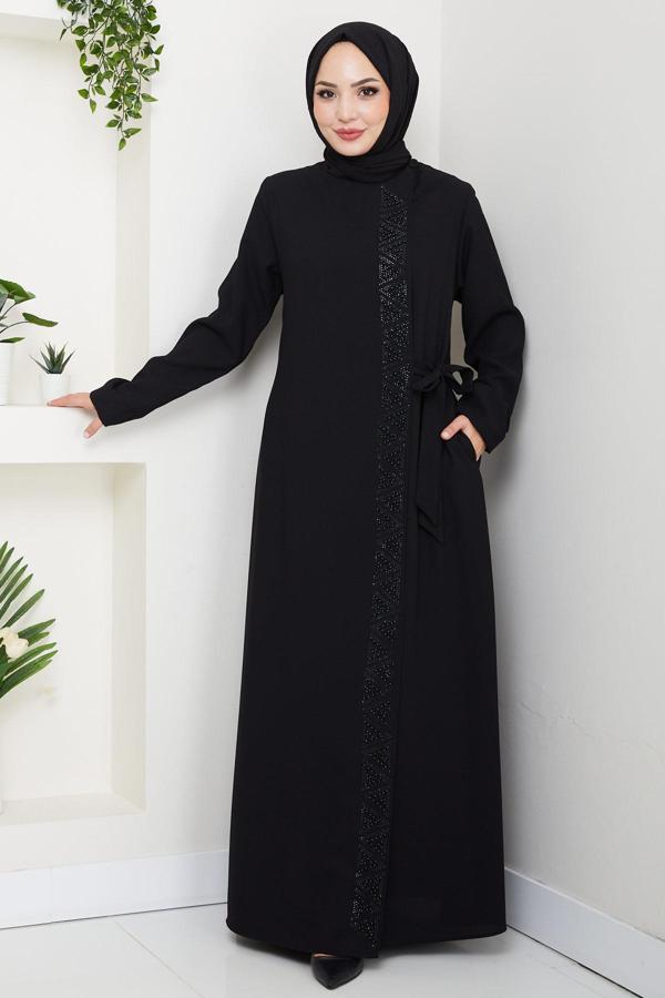 Gizli Fermuarlı Yandan Bağlamalı Boncuklu Ferace Siyah HM2845 - Image 1