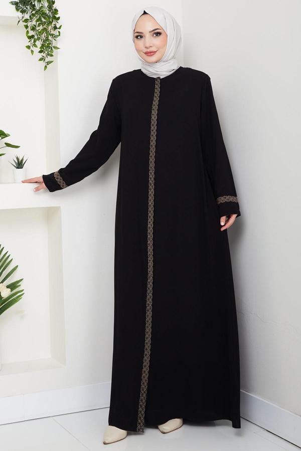 Çiçek Nakışlı Büyük Beden Ferace Siyah HM2844 - Image 1