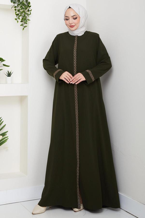 Çiçek Nakışlı Büyük Beden Ferace Haki HM2844 - Image 1