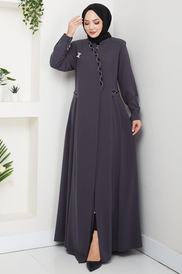 Broşlu Büyük Beden Ferace Füme  HM2843 - Image 1