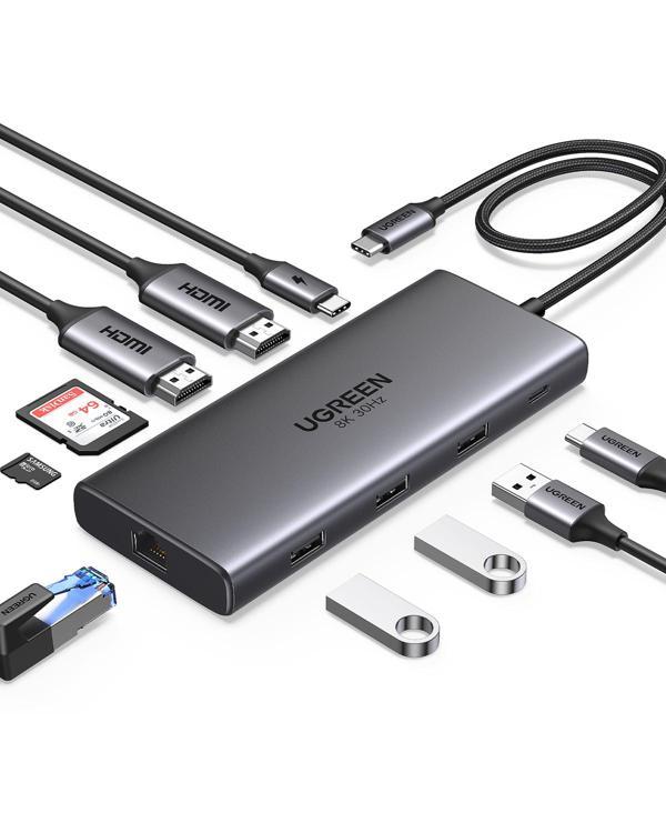UGREEN Revedok Pro 210 10-in-1 Type-C Giriş 2xUSB-A 2.0, 1xUSB-A 3.0, 2xUSB-C, 2xHDMI 8K/4K, SD, TF, RJ45, 15534 - Image 1