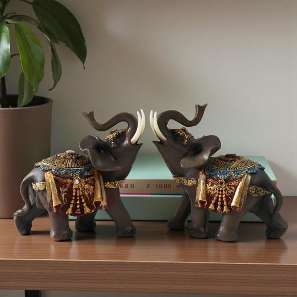 Lüks Nakış İşlemeli Feng Shui Şans Getiren 2li Fil Heykeli Dekoratif Biblo 10 cm. Ev & Ofis Hediyesi - Image 1