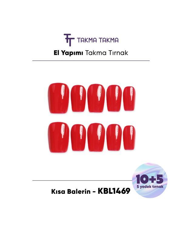 15'li Kırmızı Kısa Balerin KBL1469 Tekrar Kullanılabilir El Yapımı Protez Takma Tırnak Kırmızı-XS - Image 1