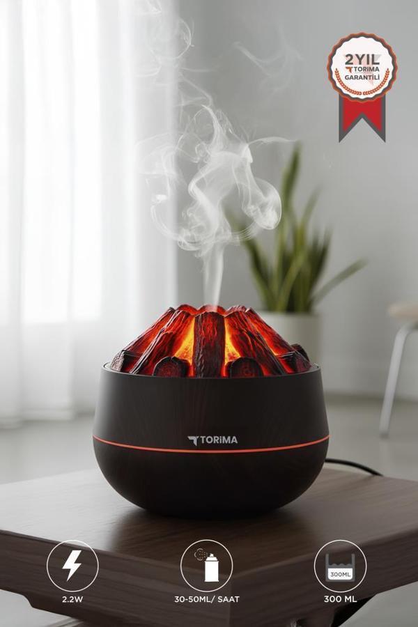 TORIMA H11 Koyu Kahve Odun Ateşi Efekli 300ml Sessiz Ultrasonik  Hava Nemlendirici - Image 1