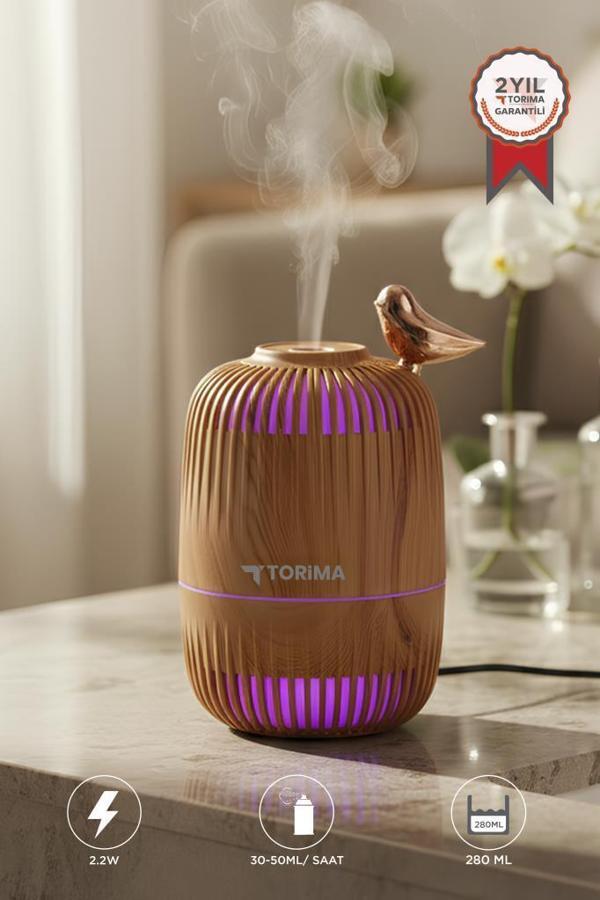 Torima H17 Açık Kahverengi Kuş Detaylı Ahşap Görünümlü 280ml Hava Nemlendirici Buhar Makinesi - Image 1