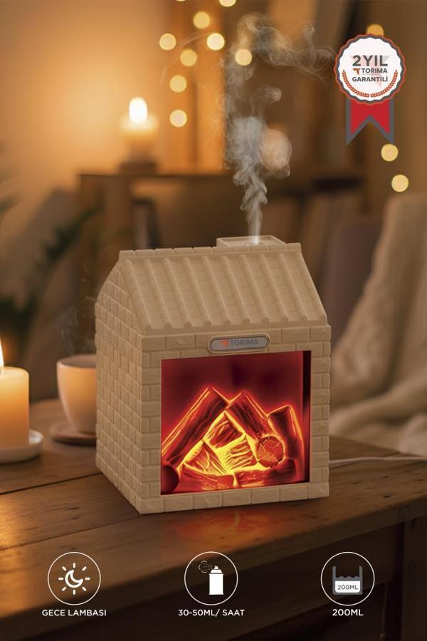 TORIMA H9 Ahşap Şömine Efektli 200ml Sessiz Ultrasonik House Hava Nemlendirici - Image 1