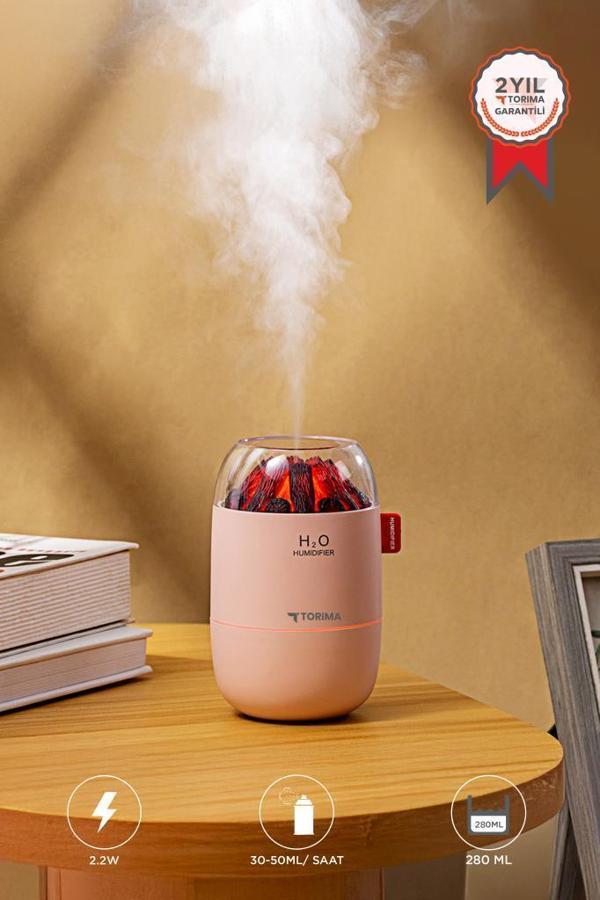 Torima H16 Pembe Odun Ateşi Efekli Hava Nemlendirici Buhar Makinesi 280ML LED Işıklı Sessiz Çalışma - Image 1