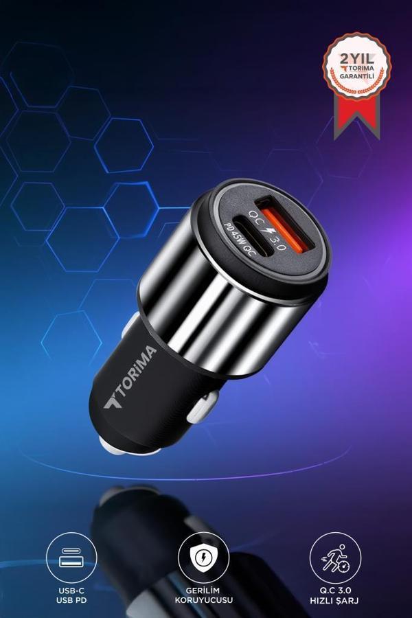 Torima C16 45W Silver Araç Şarj Cihazı Type-C Kablolu Hızlı Şarj Adaptörü - Image 1