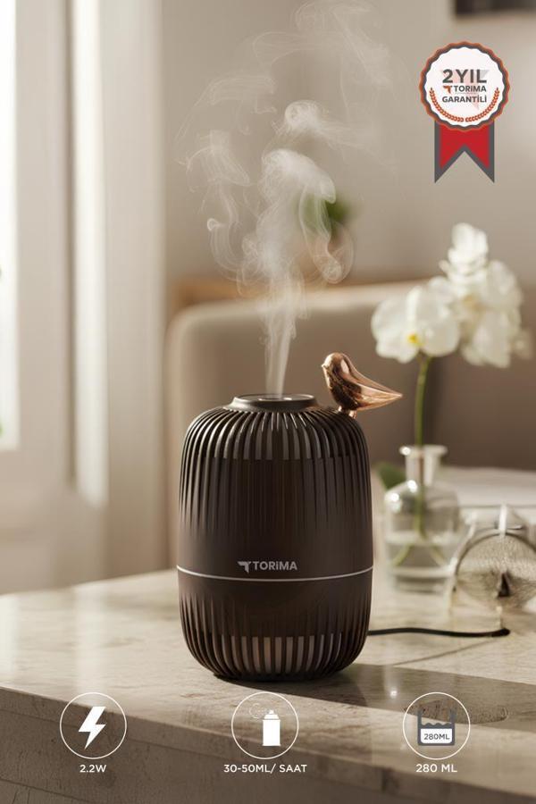 Torima H17 Koyu Kahverengi Kuş Detaylı Ahşap Görünümlü 280ml Hava Nemlendirici Buhar Makinesi - Image 1
