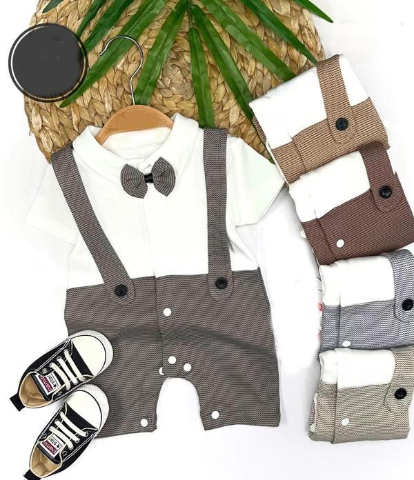 3-6-9-12 Ay Papyon Detaylı Çizgili Salopet Görünümlü Erkek Bebek Tulumu - Image 1