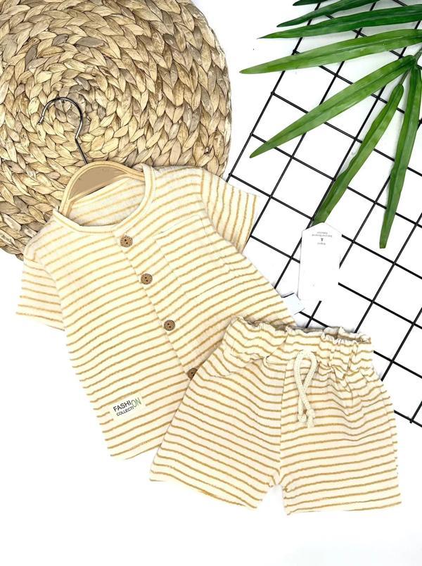 9-12-18-24 Ay Düğme Detaylı Çizgili Müslin Kumaş Yazlık 2li Erkek Bebek Takımı - Image 1