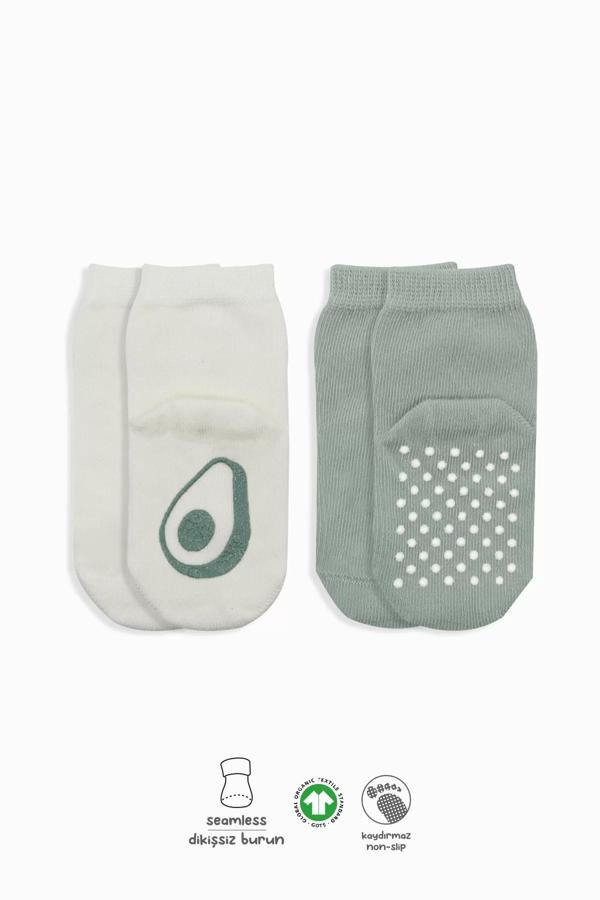 Meyve Figürlü Kaymaz Soket Çorap 2'li  Nil Ekru - Image 1
