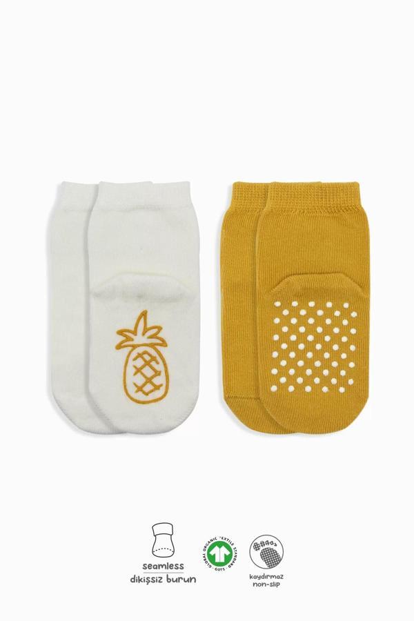 Meyve Figürlü Kaymaz Soket Çorap 2'li  Ekru Hardal - Image 1