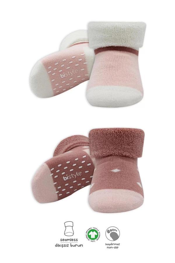 Puanlı Kaymaz Havlu Soket Çorap 2'li Bs10502 Pudra Pembe - Image 1
