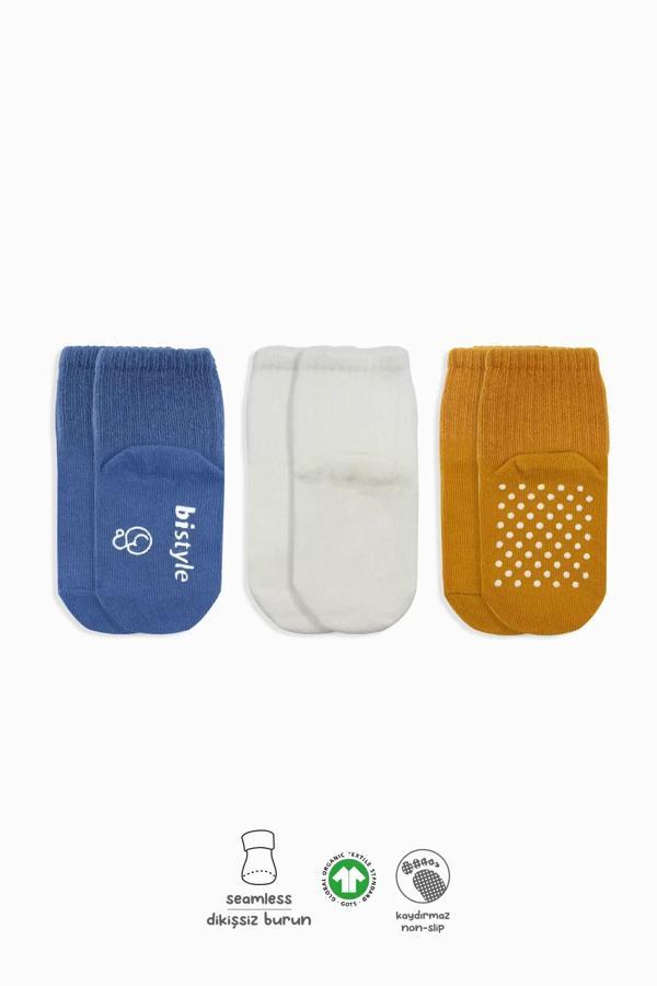 Basic Kaymaz Penye Soket Çorap 3'lü Bs10107 İndigo Ekru Hardal - Image 1