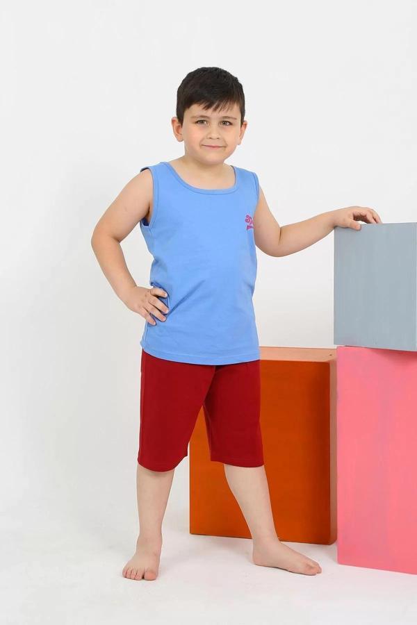 Erkek Çocuk Sıfır Kol Şortlu Mavi Penye Pijama Takımı - Image 1