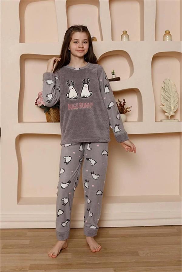 Kız Çocuk WelSoft Polar Gri Pijama Takımı - Image 1