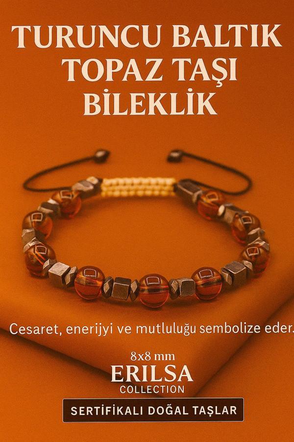 Sertifikalı Turuncu Baltık Topaz Doğal Taş Bileklik - 8x8 mm Cesaret Mutluluk ve Enerji Taşı - Image 1