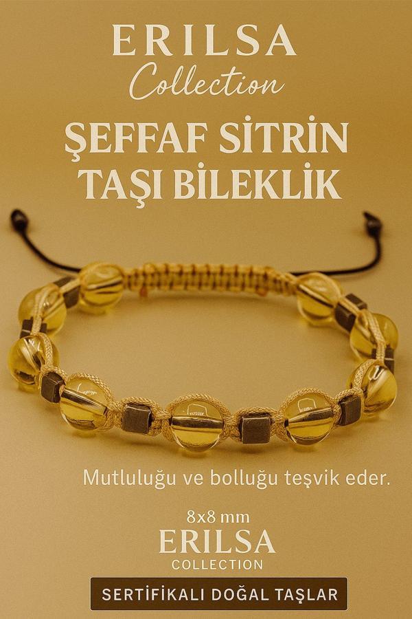 Sertifikalı Şeffaf Sitrin Doğal Taş Bileklik - 8x8 mm Bereket Bolluk Mutluluk Enerjisi Taşı - Image 1
