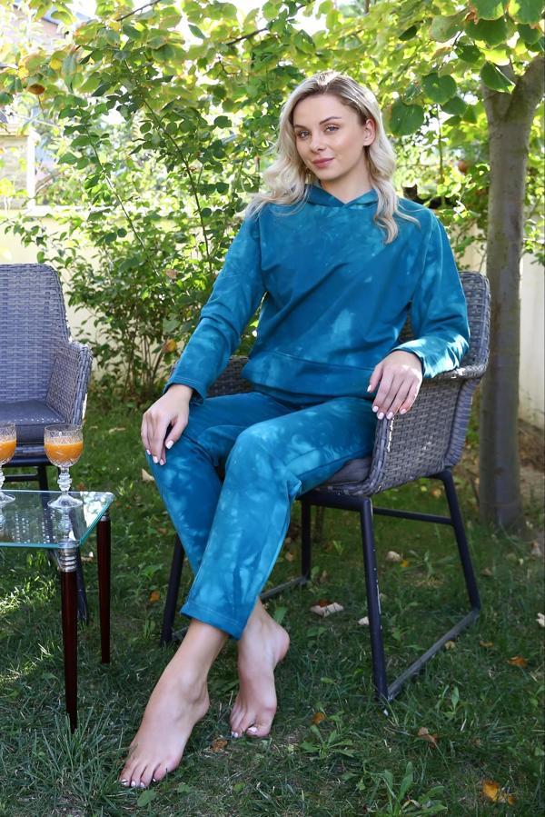 Kadın Pamuk Kapşonlu Cepli 3 İplik Turkuaz Eşofman Takım - Image 1