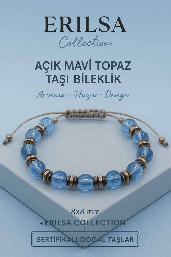 Sertifikalı Açık Mavi Topaz Doğal Taş Bileklik - 8x8 mm Sakinlik Netlik ve Güven Enerjisi Taşı - Image 1