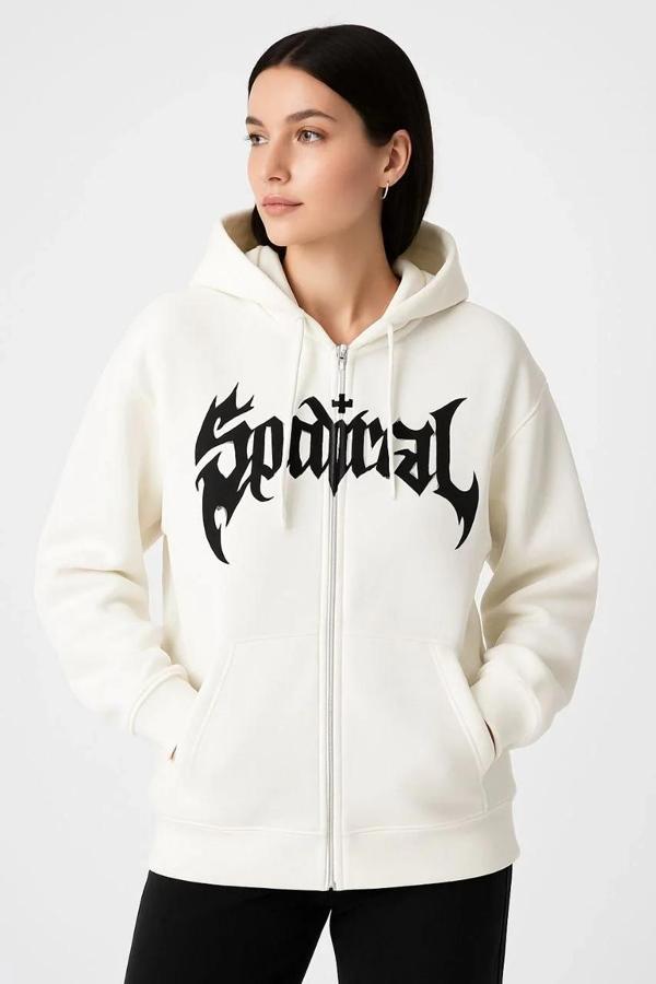 Kadın Oversize Kapüşonlu Sweatshirt Hoodie 3 İplik Şardonlu Pamuklu Kumaş, Önü Baskılı, Fermuarlı Ra - Image 1