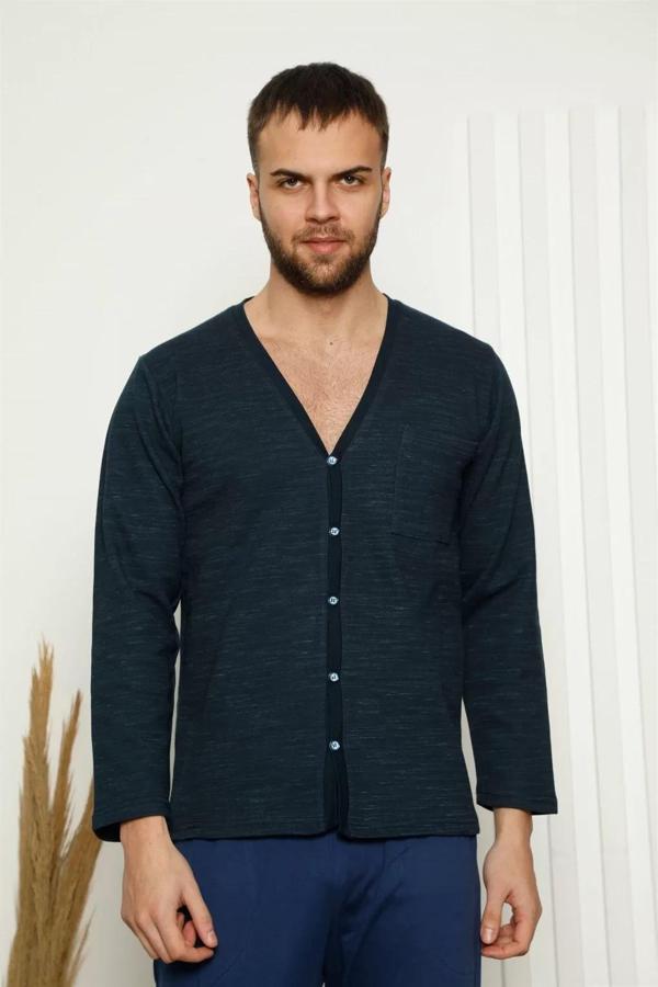 Erkek %100 Pamuk Önden Düğmeli Cepli Uzun Kollu Pijama Takımı Lacivert - Image 1