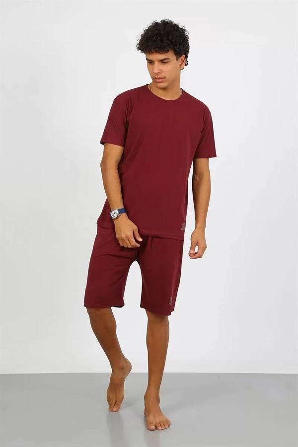 Erkek Pamuk Lakost Alt Üst Kaprili Pijama Takım Bordo - Image 1