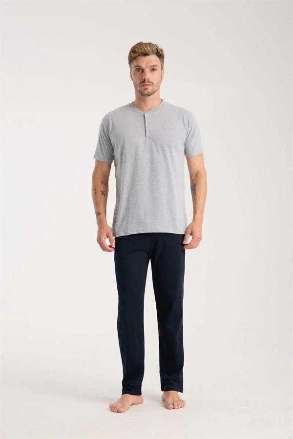 Erkek Gri Düğmeli Yaka Kısa Kol Pijama Takımı - Image 1