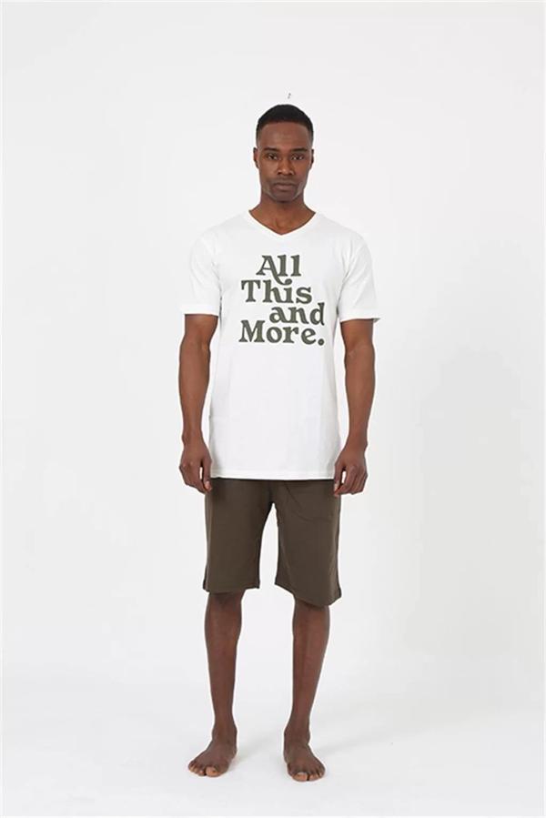 Erkek Kısa Kol Ekru Penye Şortlu Pijama Takımı - Image 1