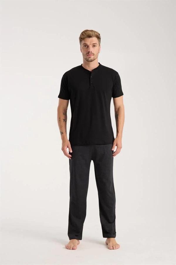 Erkek Füme Düğmeli Yaka Kısa Kol Pijama Takımı - Image 1