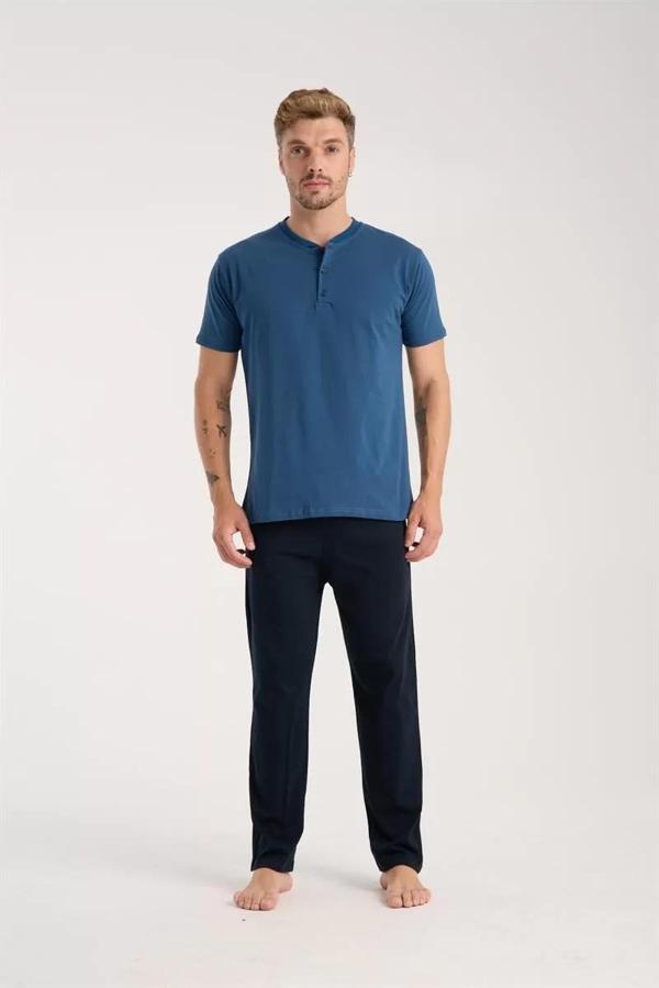 Erkek İndigo Düğmeli Yaka Kısa Kol Pijama Takımı - Image 1