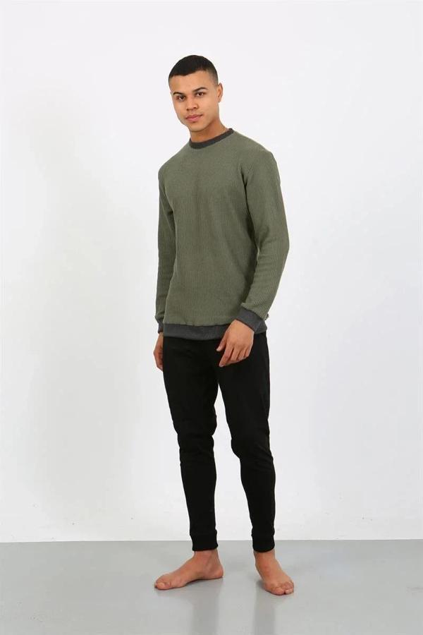 Erkek Uzun Kol Manşetli Paça Penye Pijama Takımı Haki - Image 1