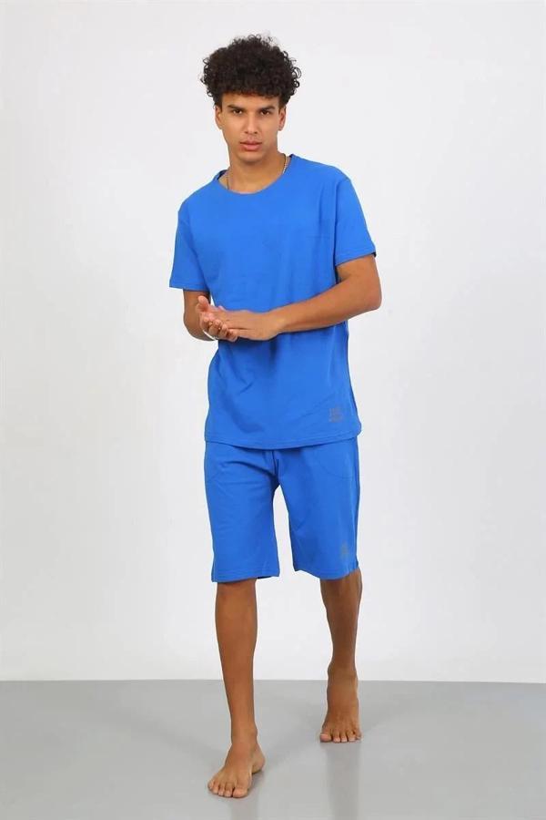 Erkek Pamuk Lakost Alt Üst Kaprili Pijama Takım Saks - Image 1