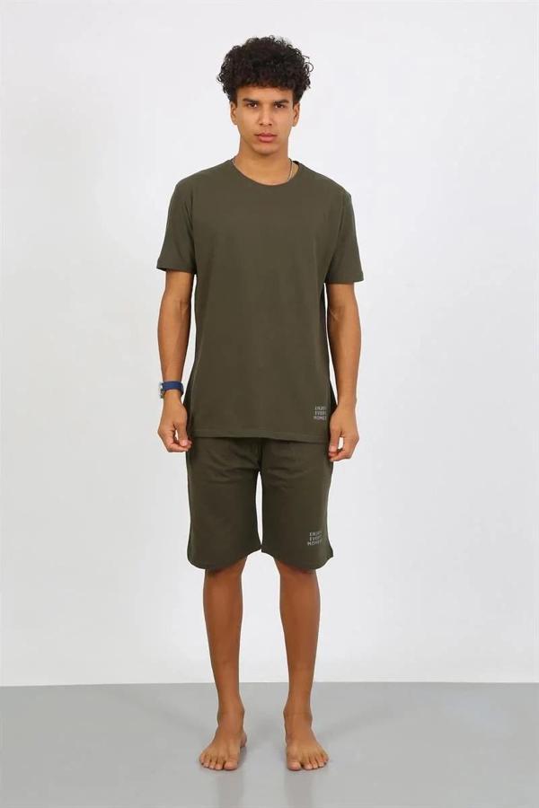Erkek Pamuk Lakost Alt Üst Kaprili Pijama Takım Haki - Image 1