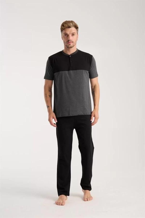 Erkek Antrasit Düğmeli Yaka Kısa Kol Pijama Takımı - Image 1