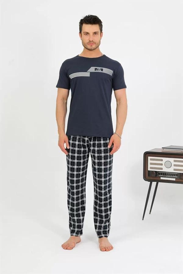 Erkek Pamuk Kısa Kol Pijama Takım Lacivert - Image 1