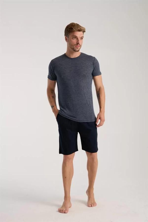Erkek Lacivert Sıfır Yaka Kısa Kol Şortlu Pijama Takımı - Image 1