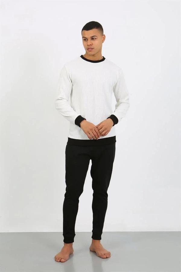 Erkek Uzun Kol Manşetli Paça Penye Pijama Takımı Beyaz - Image 1