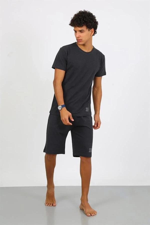 Erkek Pamuk Lakost Alt Üst Kaprili Pijama Takım Füme - Image 1