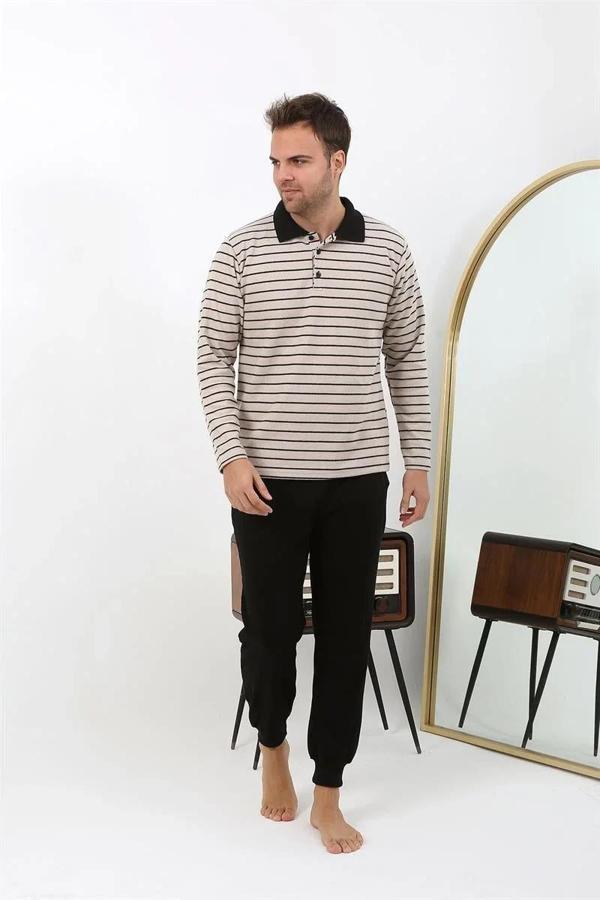 Erkek Polo Yaka Uzun Kol Penye Pijama Takımı Krem - Image 1