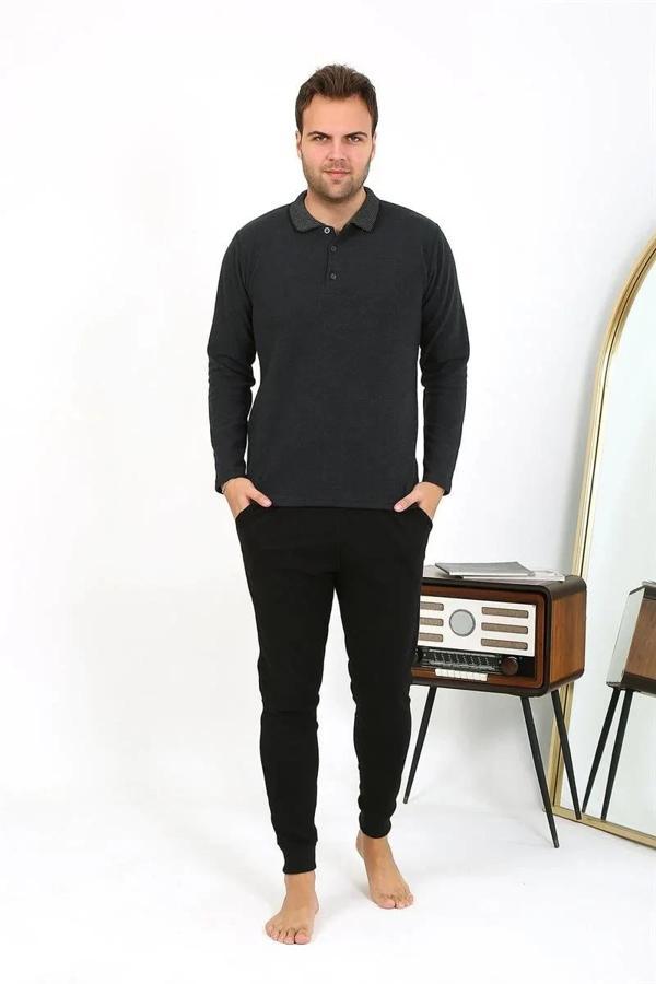 Erkek Polo Yaka Uzun Kol Penye Pijama Takımı Antrasit - Image 1