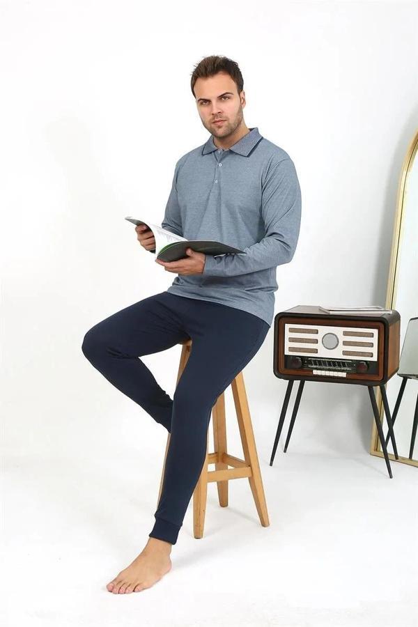 Erkek Polo Yaka Uzun Kol Penye Pijama Takımı Gri - Image 1