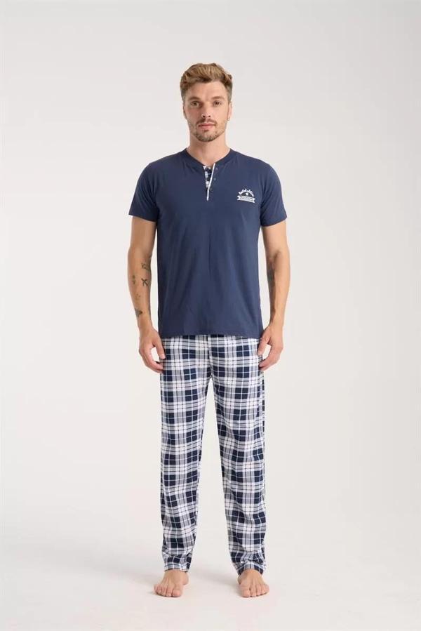 Erkek Lacivert Düğmeli Yaka Kısa Kol Pijama Takımı - Image 1