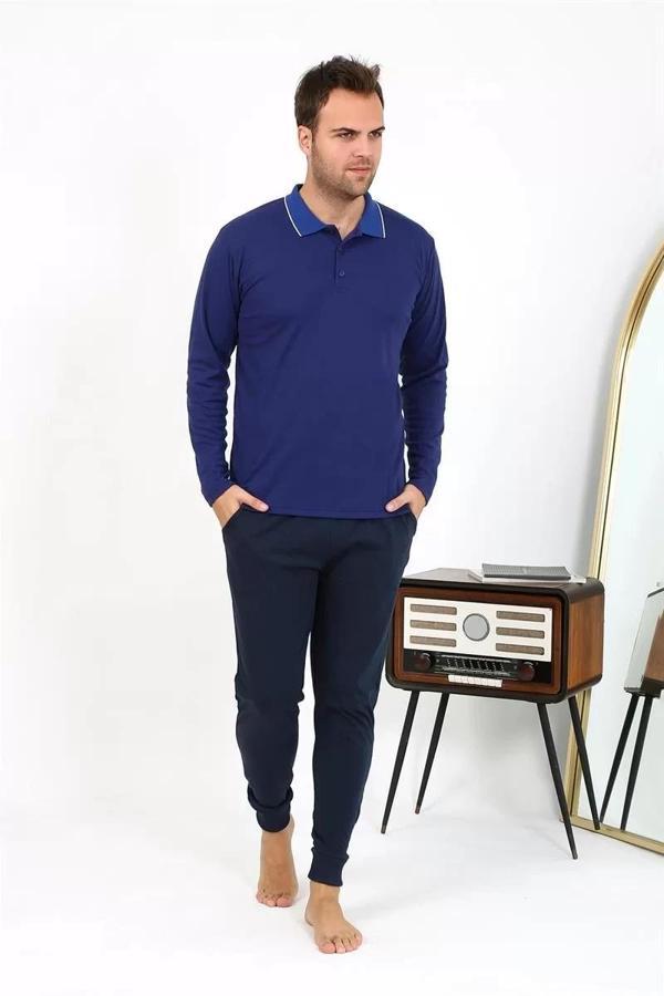 Erkek Polo Yaka Uzun Kol Penye Pijama Takımı Lacivert - Image 1