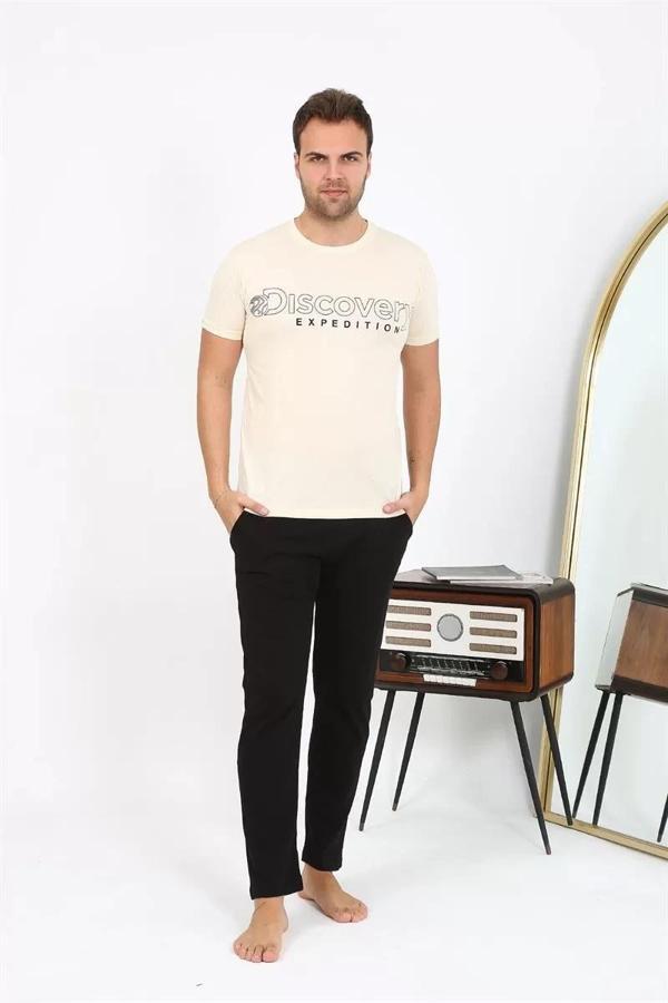 Erkek Kısa Kol Penye Pijama Takımı Krem - Image 1