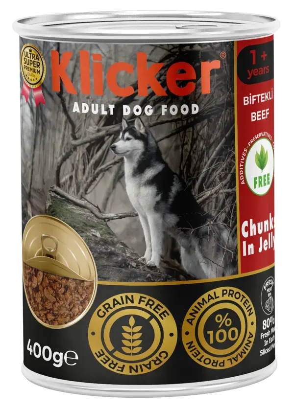 KLICKER 12 ADET JÖLELİ PARÇA ETLİ YETİŞKİN KÖPEK KONSERVE YAŞ MAMASI BİFTEKLİ 400 GR - Image 1