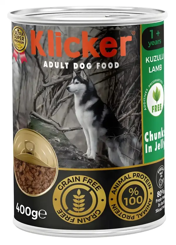 KLICKER 12 ADET JÖLELİ PARÇA ETLİ YETİŞKİN KÖPEK KONSERVE YAŞ MAMASI KUZULU 400 GR - Image 1